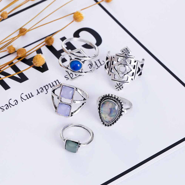 Silver and Stone Boho Ring Set